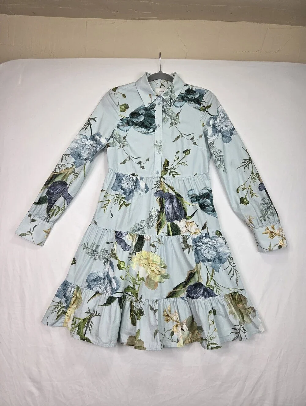 ERDEM‎ Abilene Floral Cotton Poplin Tiered Mini Shirt Dress Estimated Small